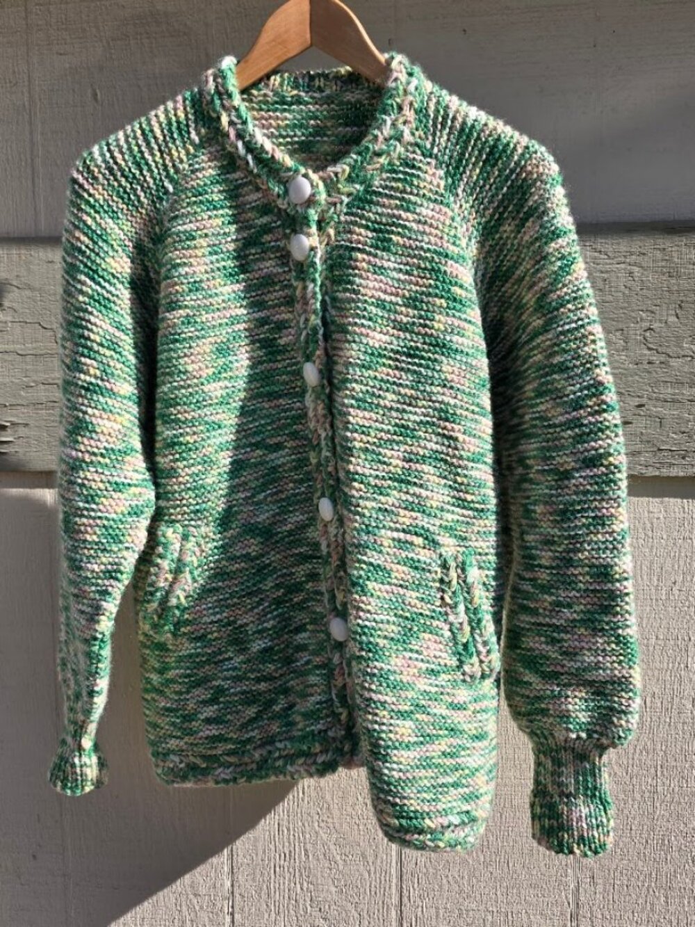 Vintage Hand Knit Chunky Cardigan Sweater Heavyweight Marled Green Cotton Med-Lg